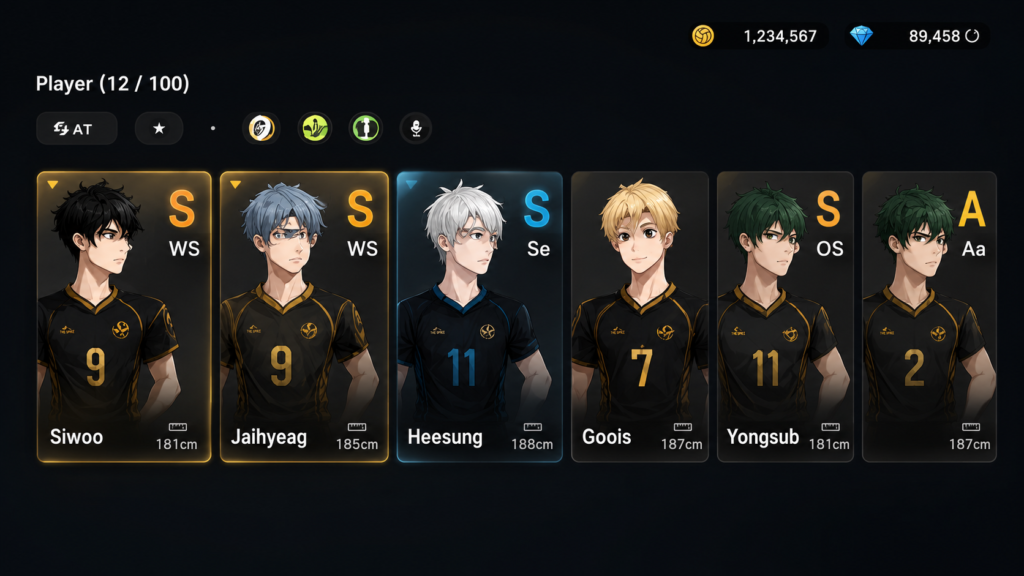Download The Spike MOD APK iOS v7.6.124 IPA – Latest Version 6 The Spike character roster screen showing anime-style volleyball players