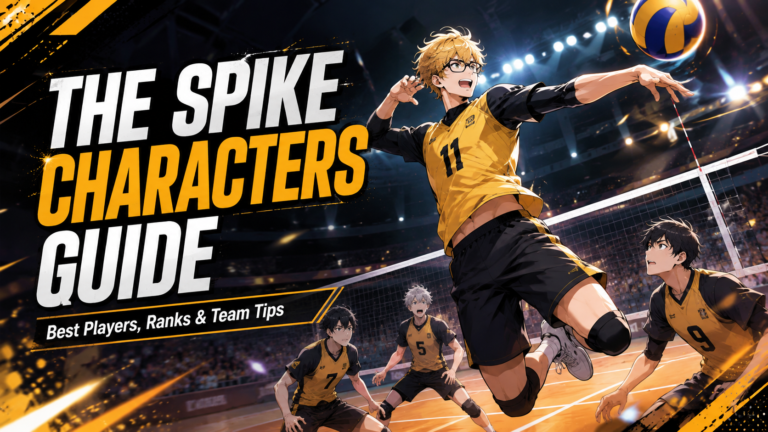 The Spike Volleyball Story characters guide featuring Nishikawa and other volleyball players in an intense indoor match.
