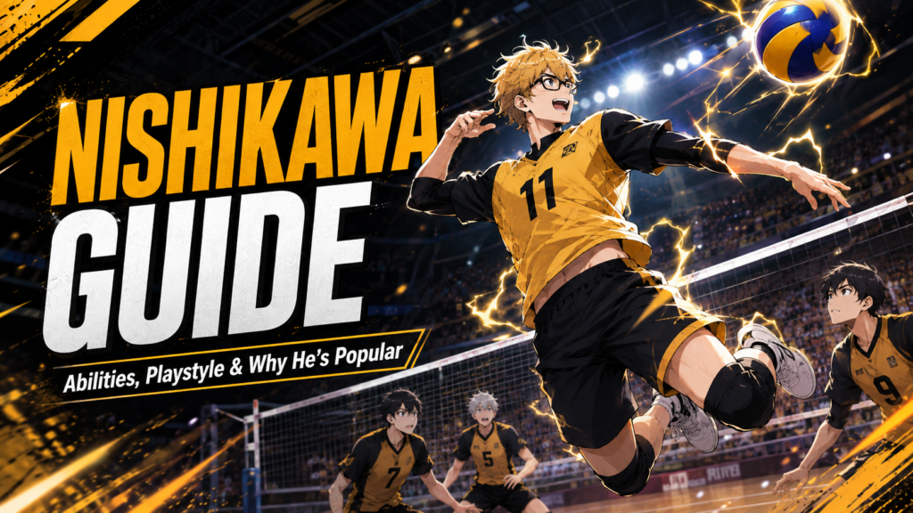 The Spike Characters Guide: Nishikawa & Best Players 1 Nishikawa from The Spike Volleyball Story performing a powerful jump spike with lightning effects in a volleyball arena.
