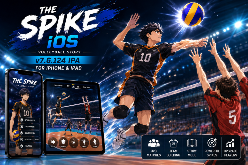 Download The Spike iOS v7.6.124 IPA for iPhone & iPad 2 The Spike iOS featured image showing an anime volleyball player spiking the ball in a stadium with iPhone and iPad screens displaying game modes and gameplay.